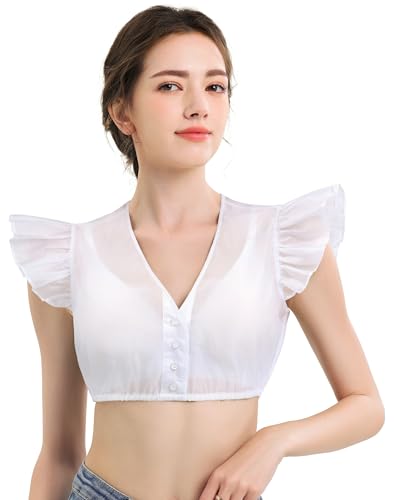 KOSMEEU Dirndl Bluse Damen Dirndlbluse Spitze Trachtenbluse Weiß Dirndlblusen Schlicht Oktoberfest Spitzenbluse Trachten Bluse Bayrische Tracht V-Ausschnitt 44