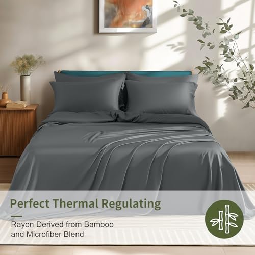 Image of Shilucheng 6 Piece Full Sheet Sets, Cooling Sheets, Blend Rayon Derived from Bamboo, Deep Pocket Up to 16 inch, Breathable & Soft Bed Sheets, Hotel Silky Bedding Set, Dark Grey