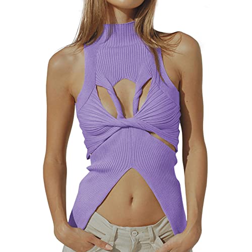 Image of Women Strapless Crop Top Sexy Hollow Out Twist Front Knitted Tank Tops Sleeveless Y2K High Neck Cut Out Sweater Vest