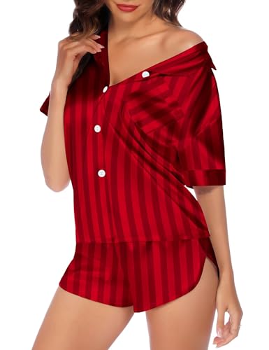 SWOMOG Couple Satin Matching Pajamas Sets Women & Men Short Sleeve Sleepwear Silk Button Down Nightwear 2 Pieces Loungewear3