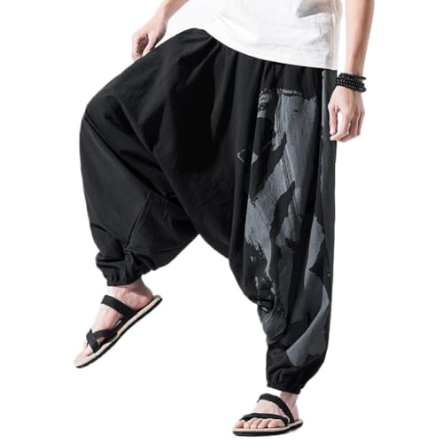 Men's Drawstring Boho Hippie Harem Pants Flying Crane Loose Drop Crotch Trousers Calligraphy Print Yoga Genie Pants