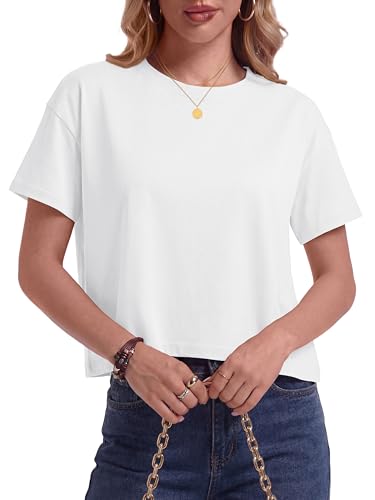 NOMUI Pure Cotton Crop Tops for Women Short Sleeve Boxy Loose Fit Cropped T Shirts Crew Neck Drop...