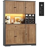 FINETONES Pantry Cabinet with 7-Color LED Light and Charging Station, 71" Tall Kitchen Pantry Cabinet with Microwave Stand, Kitchen Hutch with Storage Drawer for Dining Room, Black/Brown
