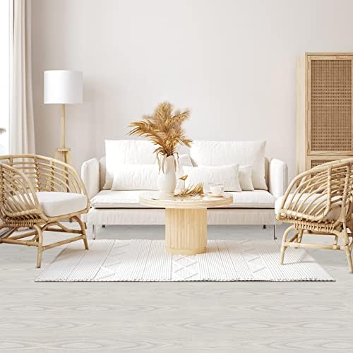 Vinyl Flooring Self Adhesive Floor Planks Waterproof White Wood Effect Peel and Stick Floor Tiles for Living Room Bedroom Home Office, 90x15cm, 10 Pieces