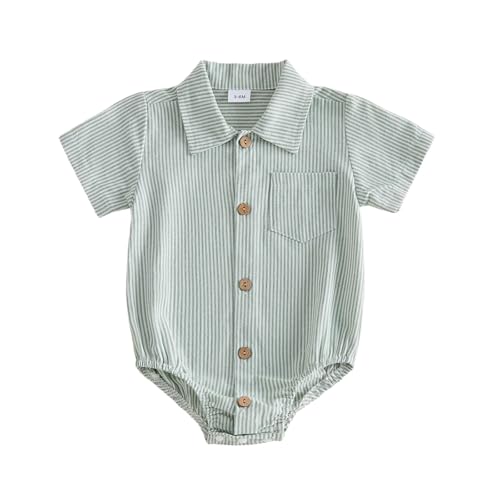 Sasaerucure Newborn Baby Boy Clothes Turndown Collar Striped Long/Short Sleeve Romper Button Up Jumpsuit Shirt Bodysuit (Short Sleeve-Green 3-6 Months)