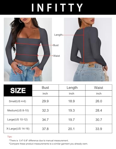 INFITTY Womens Long Sleeve Crop Top Square Neck Basic T-Shirts Going Out Tops Stretch Fitted Casual Tops Red S - Image 5