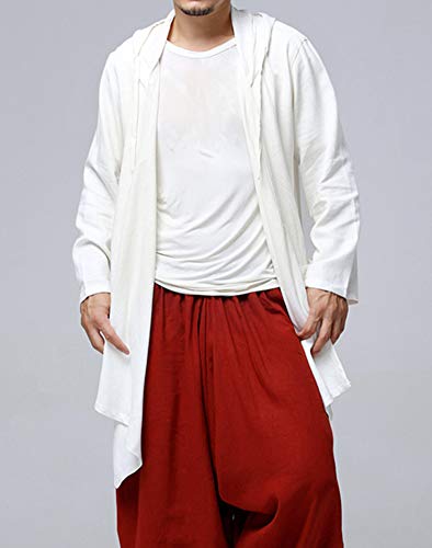 LifeHe Men\'s Cotton Linen Hooded Kimono Cardigan Curved Hem Jacket Coat (White, One Size) - Thumbnail 6