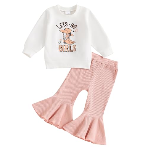 Toddler Baby Girls Fall Clothes Western Cowgirl Outfit Let's Go Girls Sweatshirt and Ribbed Flare Pants Set