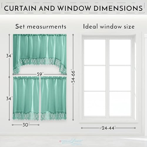 American Linen Café Curtains for Kitchen, Bathroom Curtains with Valance, Embroidered lace Border. (Teal) by American Linen - Image 6