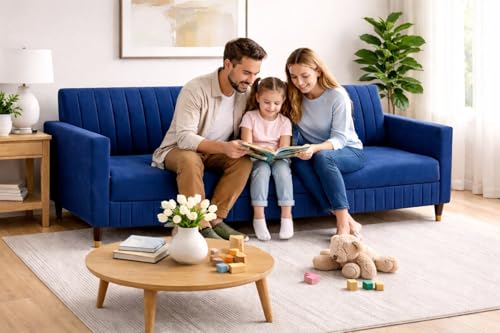 Image of Wooden L Shape Sofa 4 Seater with Ottoman | Velvet Fabric Upholstery | Modern Sectional Wooden Frame Couch for Living Room, Home & Office (Blue)