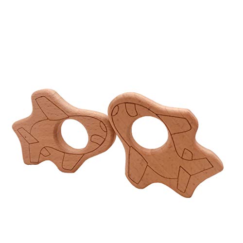 Wendysun 2pcs Lovely Cartoon Wood Teether Pure Natural Animal Aircraft Shape Baby Teething Nursing Beech Teether Baby DIY Pendant Toy (2pcs)