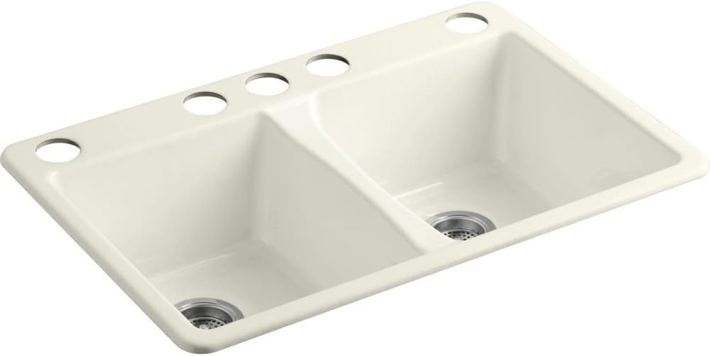 KOHLER 5873-5U-0 Deerfield 33" Undermount Kitchen Sink, Deep Double Bowl, 5-Hole, Easy Installation, White