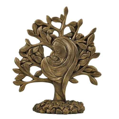 Bronze Madonna and Child Statue Resin Tree of Life Figurine Catholic Christian Home Decor Mother Mary Baby Jesus Religious Gift Nativity Ornament Spiritual Sculpture for Christmas Easter Prayer Room