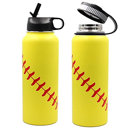 40 Oz Softball Water Bottle, Flask Sports With 2 Lids 18/8 Stainless Steel Tumbler Double Wall Vacuum Insulated Hot/Cold Standard Metal Canteen (40Oz, Yellow Softball) #TOP5