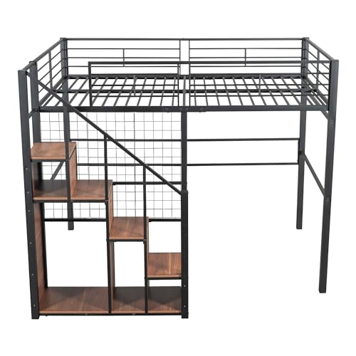 Hochbett 140x200 cm, Kinderbett mit Sicherheitsleiter, Metallbett mit Eisenrahmen und Ablagefläche, Jugendbett Einzelbett mit Lattenrost, Bett für Kinder Jugendliche (Ohne Matratze) Schwarz – Bild 8