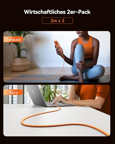 INIU 240W USB C Kabel, [2 Stück 2m] USB C auf USBC Schnellladekabel Orange – Ansicht 7
