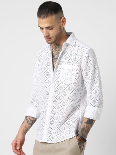Image of VASTRADO Mens White Crochet Shirt | 100% Polyester, Lightweight & Breathable Fabric | Point Collar, Full Sleeves, Patch Pocket, Button Cuffs, Curved Hem | Casual & Versatile Style