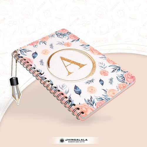 Image of Jhingalala Diaries - A5 Hardbound Floral Design Diary Cover With Initial Letter Wiro Notebook Diary With Dangler I Spiral Notebook With Planner and Calendar 2024 I 160 Undated Ruled Pages (Initial A)