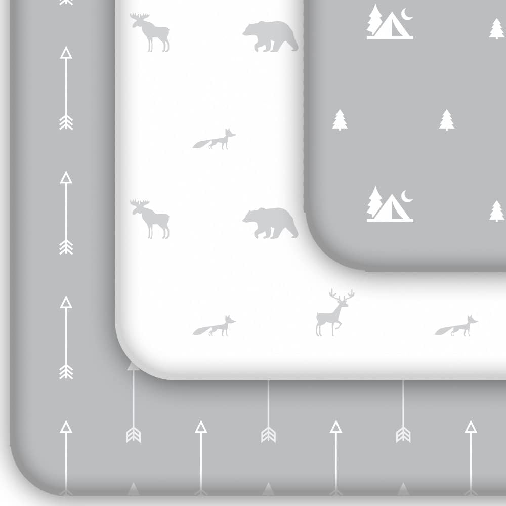 GROW WILD Pack n Play Sheets | 3-Pack Portable Mini Crib Sheets Girl or Boy, Stretchy Soft Jersey, Convertible Playard Mattress Cover, Pack and Play Sheets Fitted, Woodland Animals Gray White