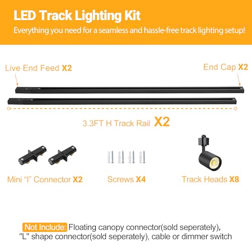 Image of VANoopee 8-Light LED Track Lighting Kit with 6.6FT H Type Track Rail, Black | Dimmable LED Track Light Heads Modern Kitchen Track Lighting Fixtures Ceiling Spot Light, 3000K 24 CRI90+ 10W 800lm