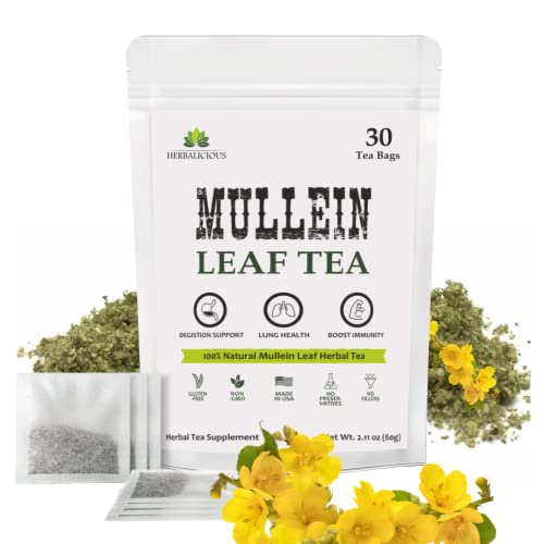 Mullein Leaf for Lungs Cleanse, Detox & Respiratory Support - Caffeine Free Natural Mullein Herbal Tea - 100% Pure Non-GMO and Gluten Free Mullein Tea - 30 Count