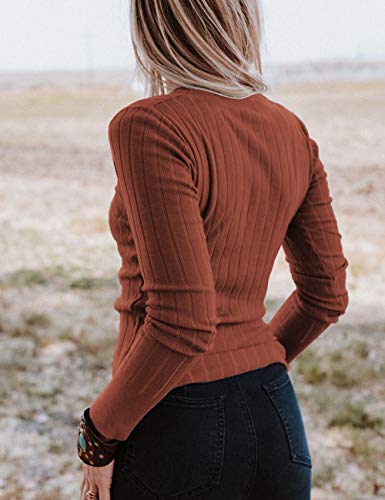 MEROKEETY Women's Long Sleeve V Neck Ribbed Button Knit Sweater Solid Color Tops Caramel