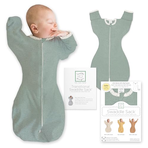Image of SwaddleDesigns Transitional Swaddle Sack, Arms Up Half-Length Sleeves & Mitten Cuffs, Swaddle for Newborn Transition to Baby Sleep Sack Wearable Blanket, Medium, 3-6 month, 14-21 lb, Heathered Jadeite