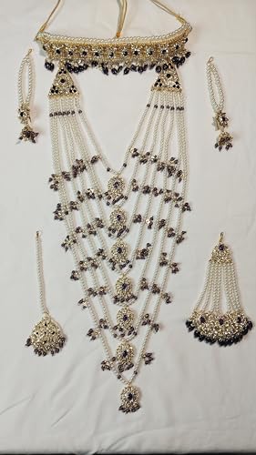Image of TAZAKKA satlada traditional indian seven stand pearl necklace mughal hisporicall with jadavi earrings side jhumar maang tikka 5pies set