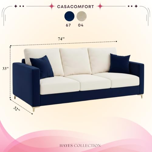 Image of Hayes Dual Tone Rich Velvet Suede 3 Seater Sofa | Golden Aesthetic Legs | Spacious Soft Touch Comfort Seating | Modern Sofa for Living Room (Dark Blue & Cream)