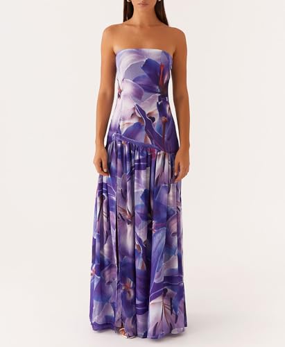 Image of Women Floral Strapless Maxi Dress Y2K Bodycon Tube Long Dresses Sexy Party Formal Cocktail Beach Slit Dress