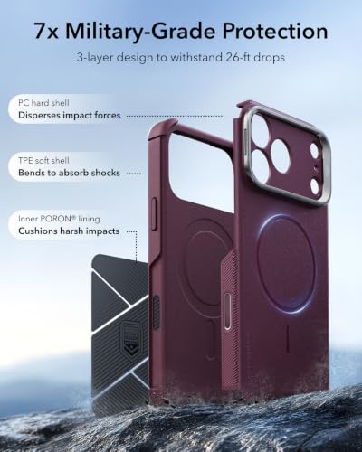 Image of ESR for iPhone 17 Pro Max Case Flex Stand, for MagSafe, Rugged, Burgundy | Camera Control, 7X Military-Grade Drop Protection, Magnetic Phone Case, Shock-Absorbing Rugged Cover, Dustproof Port Cover