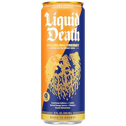 Image of Liquid Death Sparkling Energy - Orange Horror (Orange and Cream), Zero Sugar Energy Drink, Unextreme Caffeine 100mg, Essential Vitamins, 12 Fl Oz (Pack of 12)