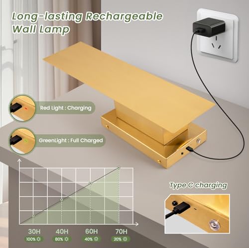 Image of Gold Wireless Wall Sconces Set of Two,3000K-6000K Dimmable Battery Operated Wall Sconce with Remote,USB Rechargeable LED Wall Lights for Living Room Bedroom Hallway