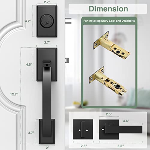 Image of Front Door Lock Set, Black Front Door Handle and Deadbolt Set Adjustable, 12.7in Heavy Exterior Entry Handle Reversible
