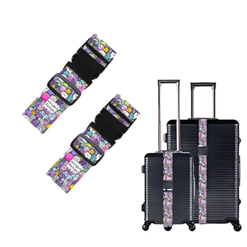 Image of Cute Cartoon Monster Luggage Straps 2 Pack - Colorful Doodle Character Suitcase Belts with Quick-Release Buckle, Fun Kids Travel Accessories, Gift