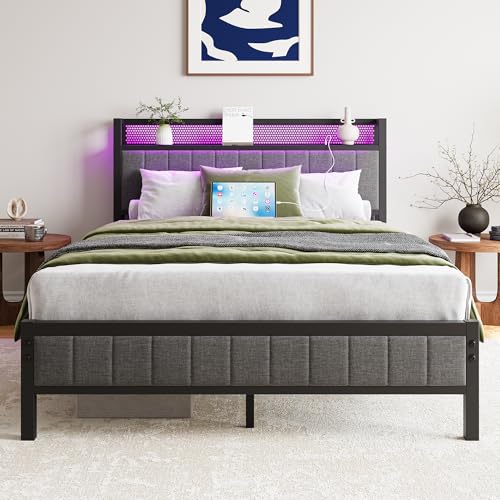 BORPHOM Cadre de Lit 140 x 190 cm avec Sommier en Métal, Tête de Lit, Lit 2 Personnes,Lit Double,Éclairage LED,Port USB et Type-C, Sommier 140x190 avec...