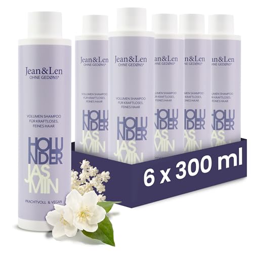Jean & Len Champú Volumen Saúco & Jazmín, para cabellos finos y lacios, da volumen, fragancia afrutada-floral, sin parabenos ni siliconas, vegano, 6 x 300 ml