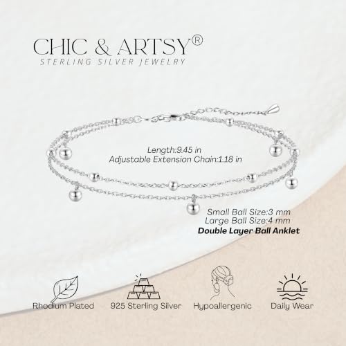 Image of CHIC & ARTSY 925 Sterling Silver Ankle Bracelets for Women, Dainty Adjustable Layered Foot Chains with Symbolic Charms, Boho Beach Everyday Lightweight Jewelry