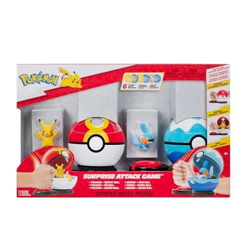 Pokémon Juego de Ataque Sorpresa: Pikachu y Mudkip de 2 Pulgadas con Bola repetida y Bola de Buceo más 6 Discos de Ataque