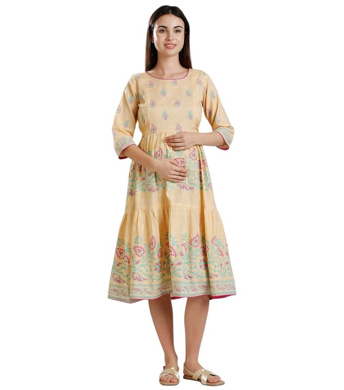 Image of DUMMY SHAPE Maternity Dresses for Women Cotton | Rayon Printed Feeding Anarkali Kurta with Dual Nursing Zipper Access During Pre & Post Pregnancy | Baby Shower Gifts for Mom to Be