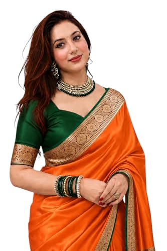 Image of Women's Glory Satin Silk Saree Plain Soft Shiny Elegant Party Traditional Ethnic
