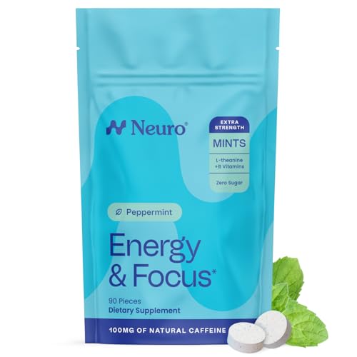Neuro Energy & Focus Mints, Extra Strength - Sugar Free Breath Mints with 100mg Natural Caffeine, B Vitamins & L-Theanine - Vegan Brain Supplement for Exercise, Study & Daily Focus - Peppermint, 90 ct