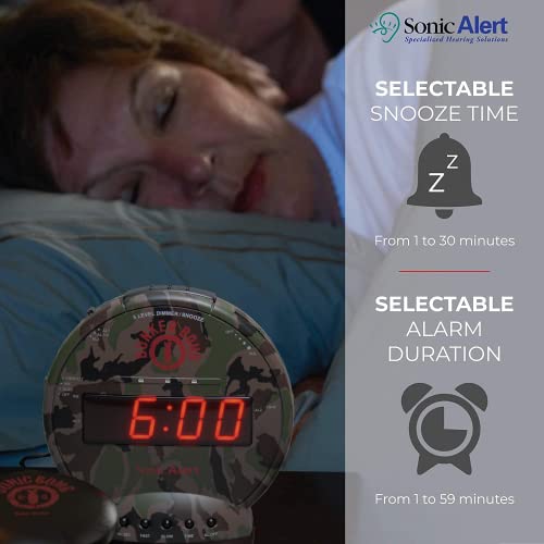 Image of Sonic Bomb Dual Alarm Clock with Bed Shaker, Camouflage | Sonic Alert Vibrating Alarm Clock Heavy Sleepers, Battery Backup | Wake with a Shake