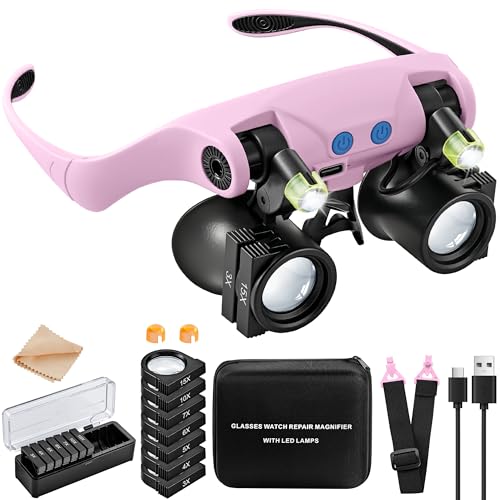 JARLINK Magnifying Glasses with LED Light, 14 Lenses, Hands Free, Pink