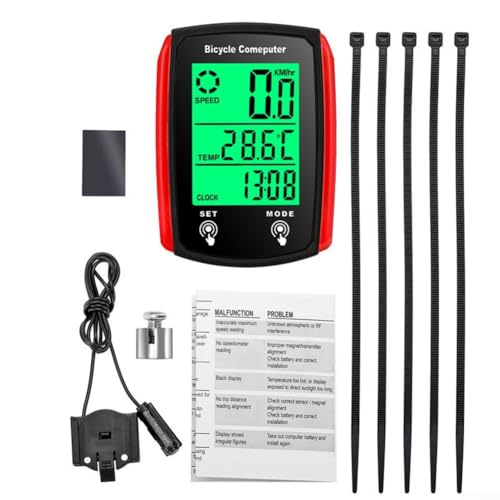 Cycling Bike Computer, Waterproof Odometer Digital LCD Display, Wired Bike Computer, Speed Odometer with Backlight, Cycling Bike Accessories(Red)