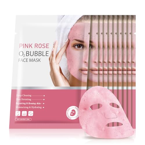 10 Sheets Pink Rose O2 Bubble Face Masks Skincare, Hydrating Moisturizing Bubble Face Masks for for All Skin Types, Sheet Masks Cleaner Foaming Purifying Facial Mask for Pores