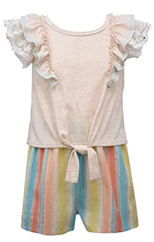 Image of Bonnie Jean Girls Size 7-16 Oatmeal Flutter Ruffle Top Stripe Shorts Set