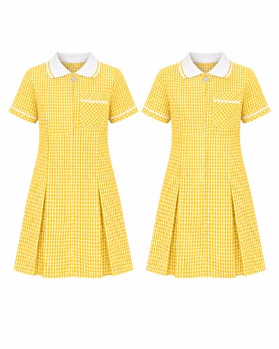 Image of L S U Girls Pack of 2 Gingham School Dress Kids Pleated Short Sleeve School Uniform Dress (Yellow 9-10 Years)