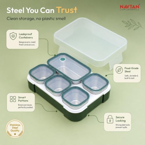 Image of ZenBox Stainless Steel Bento Lunch Box, Leak-Resistant Tiffin Box, BPA-Free Food Container for Office, School and Everyday Use (Green, 5 Compartment)