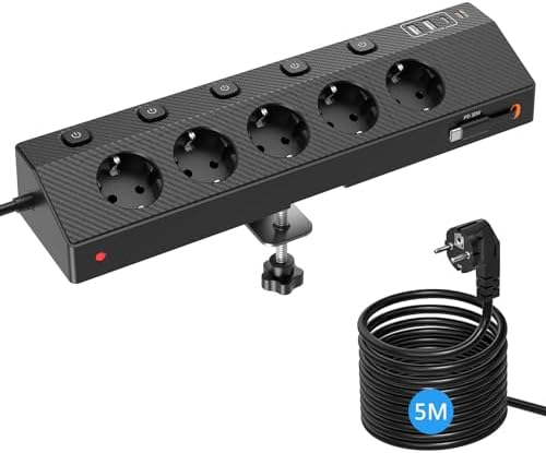 Regleta de mesa con 2 USB PD de 30 W, 5 enchufes, regleta de escritorio con protección contra sobretensiones e interruptor individual, 10 en 1 con cable de 5 m para banco de trabajo, color negro